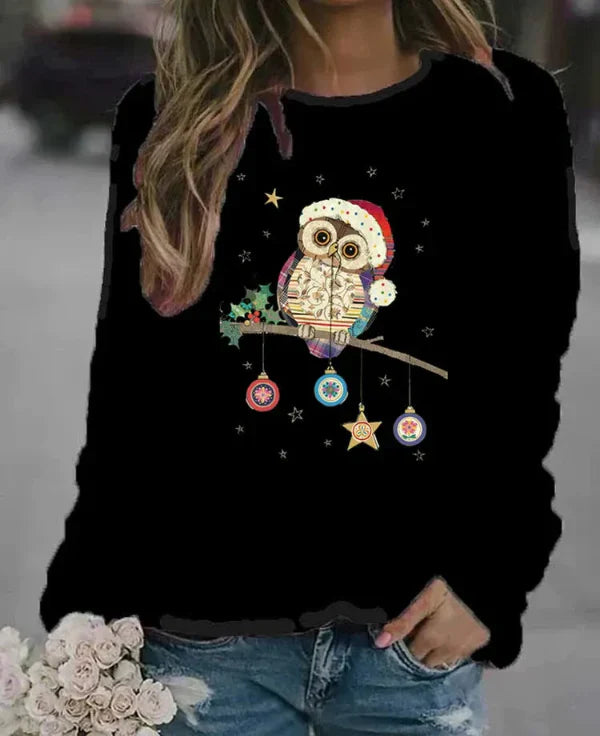 Damski Sweter – Luźny Krój – Mieszanka Bawełny – Długie Rękawy – Świąteczny Print