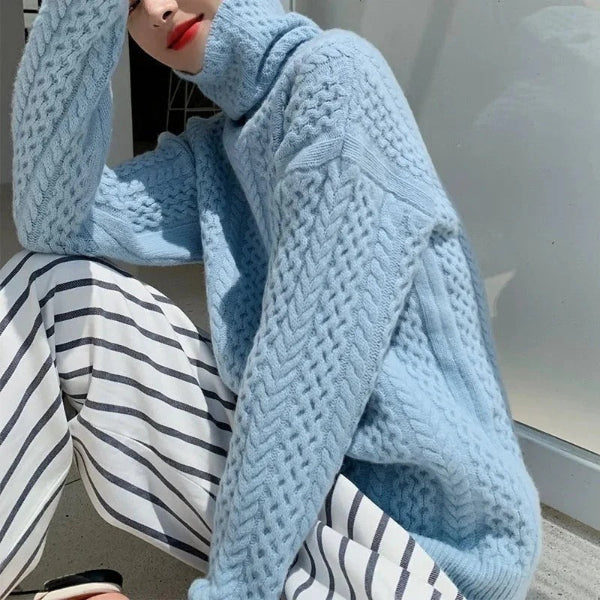 Sweter Damski – Wełna – Golf – Luźny Krój – Wzór Warkoczowy – Miękki i Ciepły