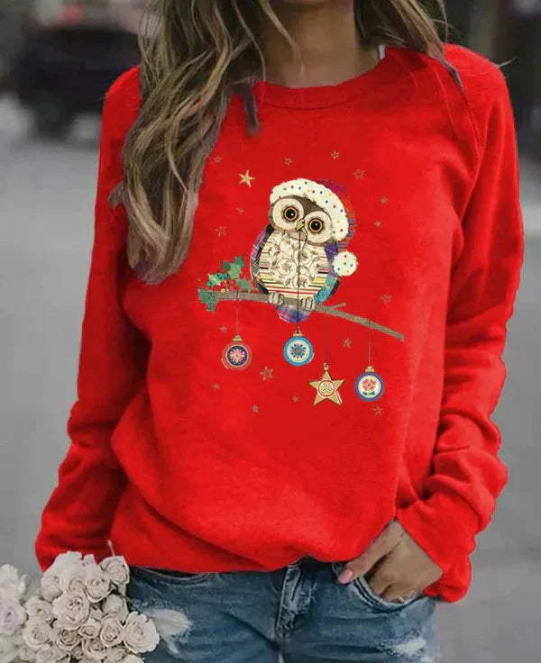 Damski Sweter – Luźny Krój – Mieszanka Bawełny – Długie Rękawy – Świąteczny Print
