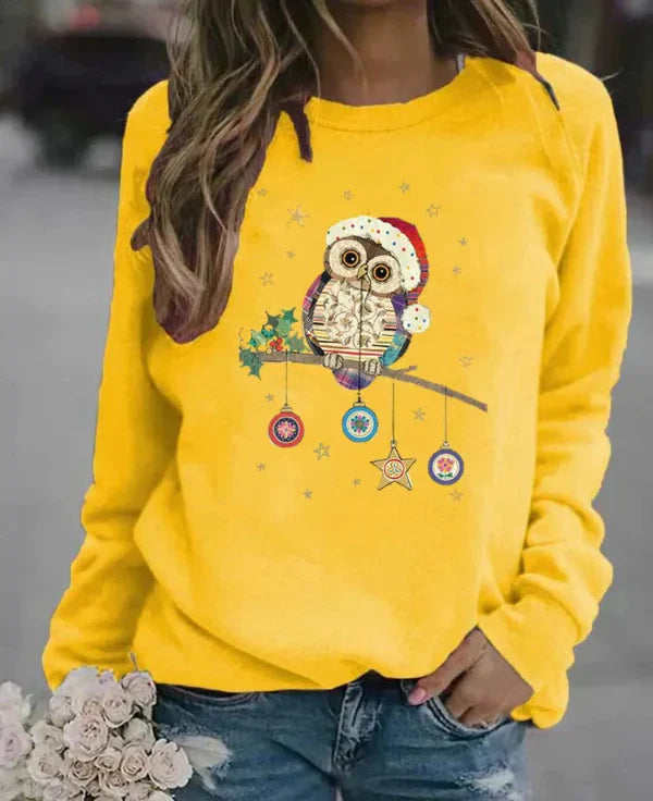 Damski Sweter – Luźny Krój – Mieszanka Bawełny – Długie Rękawy – Świąteczny Print