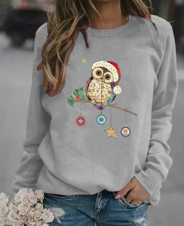 Damski Sweter – Luźny Krój – Mieszanka Bawełny – Długie Rękawy – Świąteczny Print