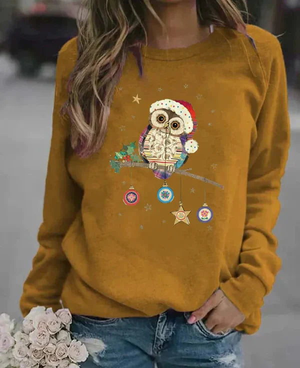Damski Sweter – Luźny Krój – Mieszanka Bawełny – Długie Rękawy – Świąteczny Print