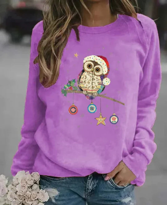 Damski Sweter – Luźny Krój – Mieszanka Bawełny – Długie Rękawy – Świąteczny Print