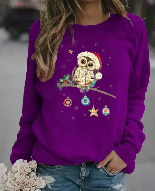 Damski Sweter – Luźny Krój – Mieszanka Bawełny – Długie Rękawy – Świąteczny Print