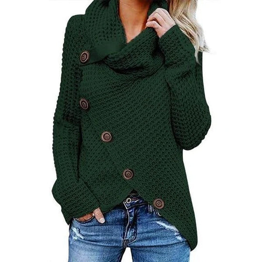 Damski Sweter – Waffle Knit – Luźny Krój – Kołnierz – Asymetryczne Guziki
