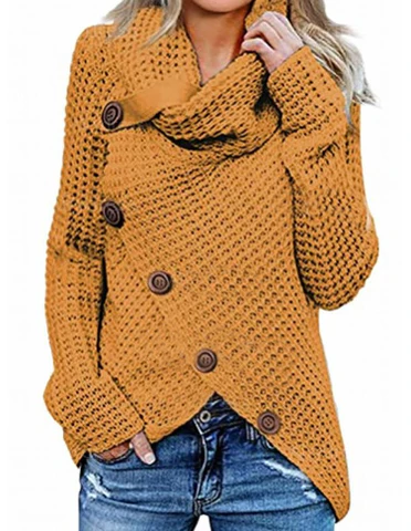 Damski Sweter – Waffle Knit – Luźny Krój – Kołnierz – Asymetryczne Guziki