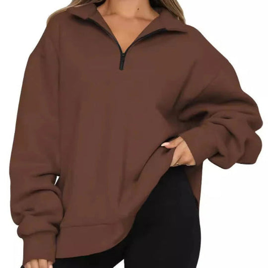 Damski Sweter – Oversized Krój – Wysoka Kola – Krótki Zamek – Miękki Bawełniany