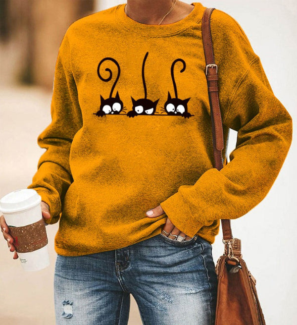 Damski Sweter – Oversized Krój – Mieszanka Bawełny – Długie Rękawy – Wzór z Kotami