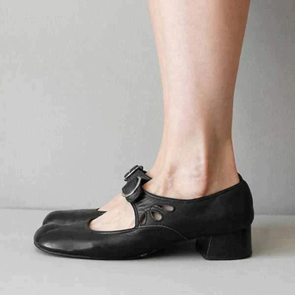 Inga | Vintage Skórzane Buty z Okrągłym Noskiem - Klasyczne Wygodne Skórzane Sandały Damskie