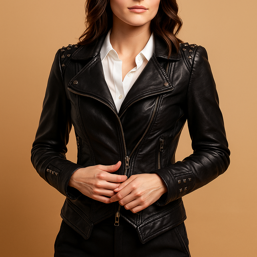 Slim-fit skórzana kurtka z gotyckimi detalami dla kobiet | Nadine