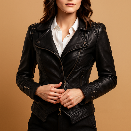 Slim-fit skórzana kurtka z gotyckimi detalami dla kobiet | Nadine
