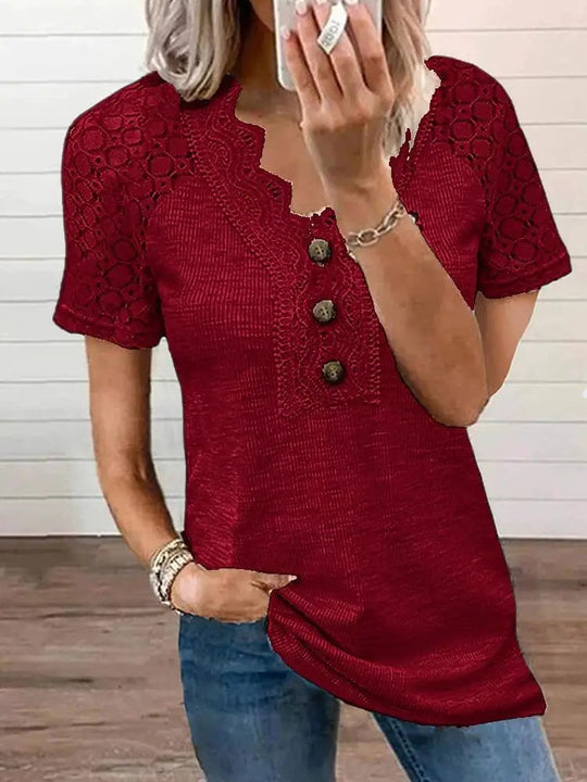 T-Shirt z Krótkim Rękawem z Koronkowymi Detalami dla Kobiet | Idealny na Wiosnę i Lato
